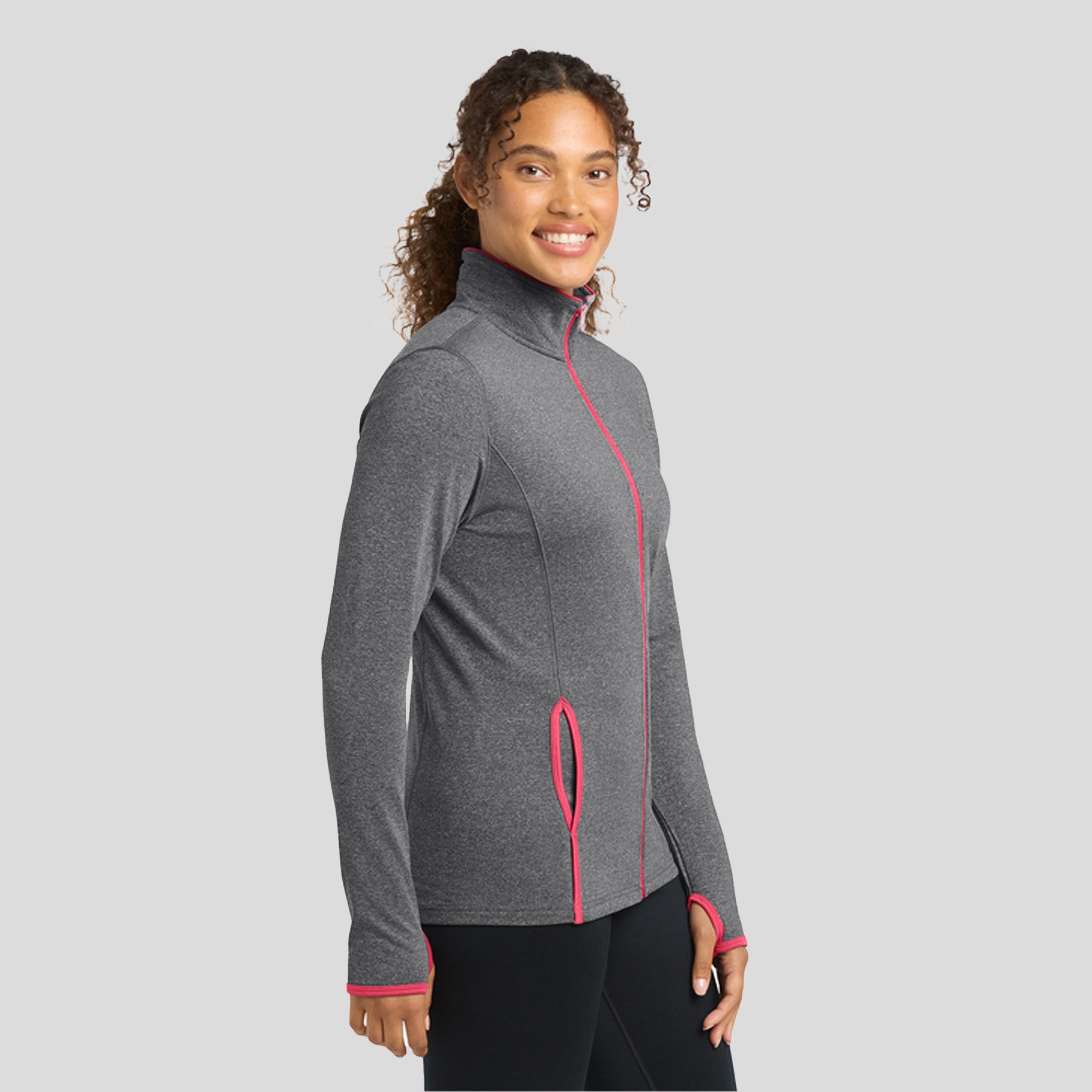 Women's Sport-Wickยฎ Stretch Contrast Full-Zip Jacket | Charcoal Grey Heather/Hot Coral